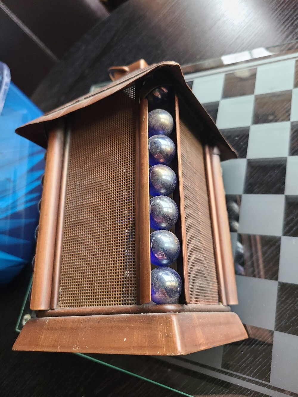 Blue and Bronze Decorative Lantern with Glass Bead Accents - Picture 12 of 13